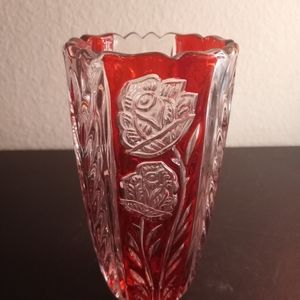 Hofbauer Crystal Clear Germany 6" Red Floral Cut to Clear Crystal Vase